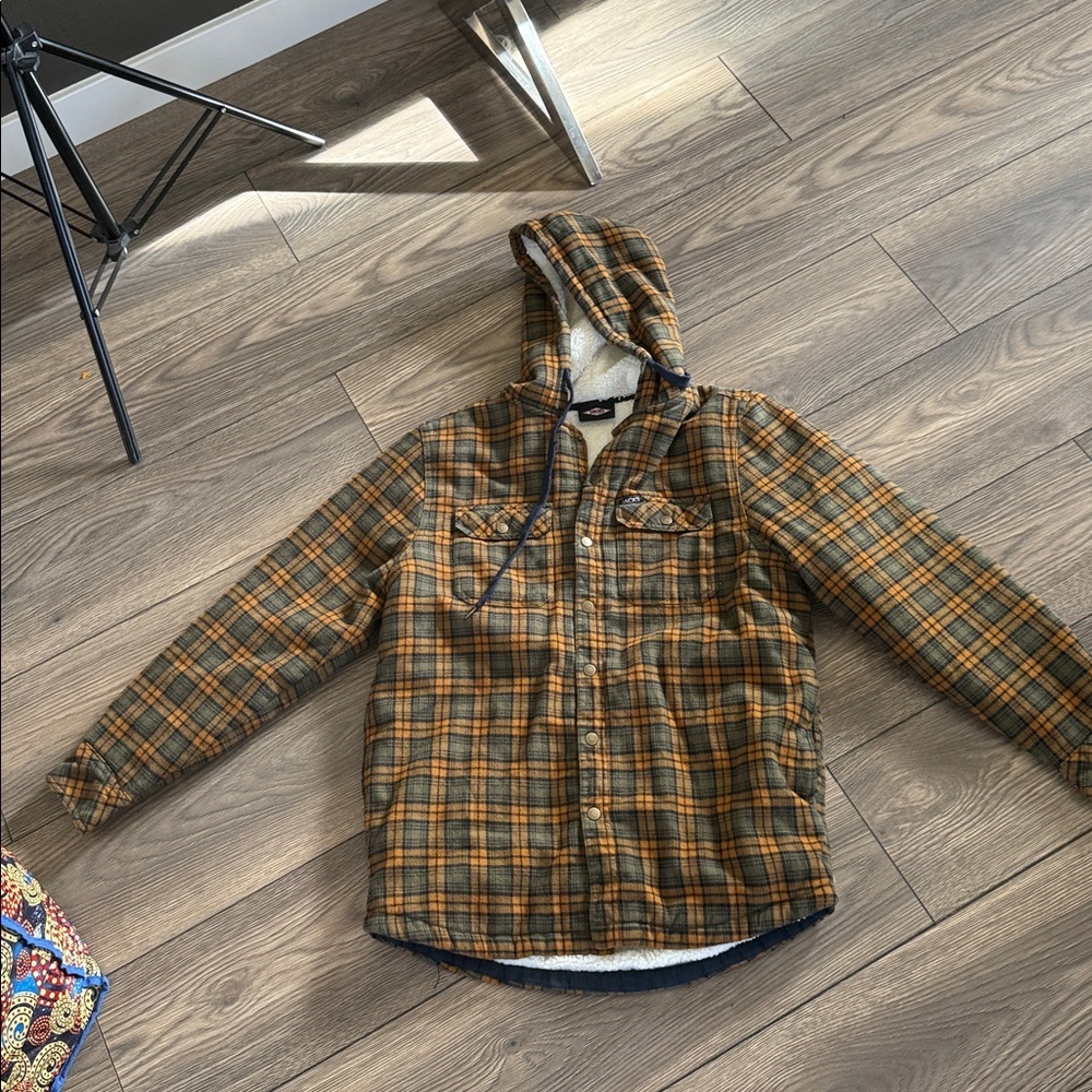 Jacks surfboards Orange and Navy hooded Plaid Sherpa lined Jacket oversized